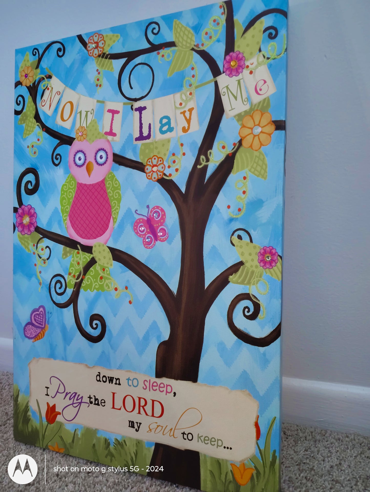Now I Lay Me” Children's Prayer Wall Art | Faith-Based Nursery Canvas | Owl Theme