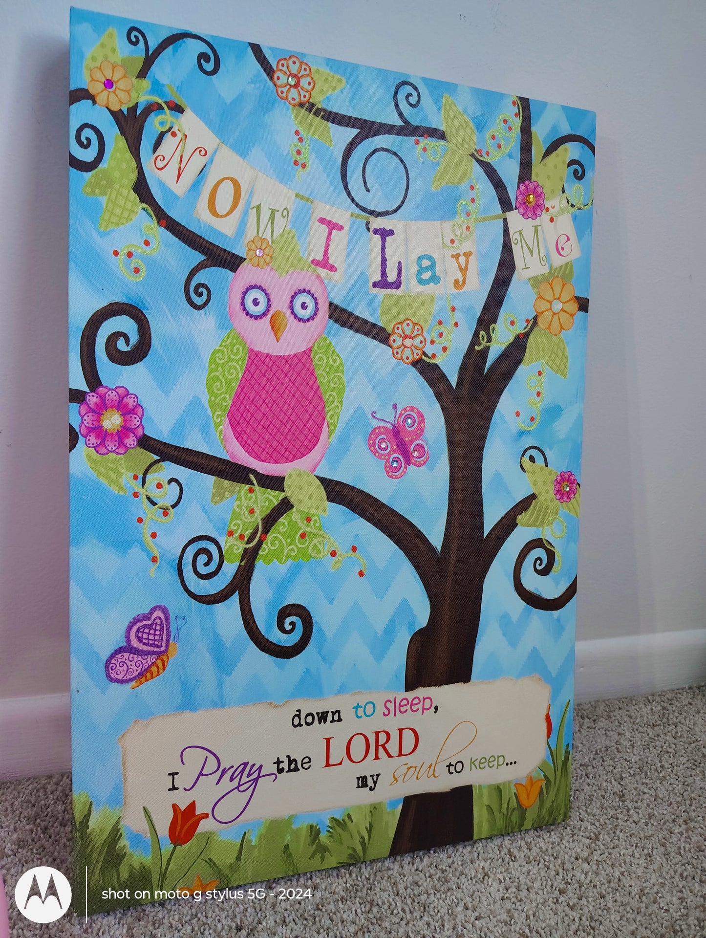 Now I Lay Me” Children's Prayer Wall Art | Faith-Based Nursery Canvas | Owl Theme