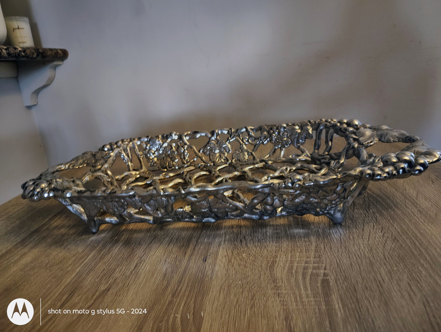 "Abide in the Vine" Stainless Steel Grapevine Basket | Elegant Faith-Based Centerpiece Tray