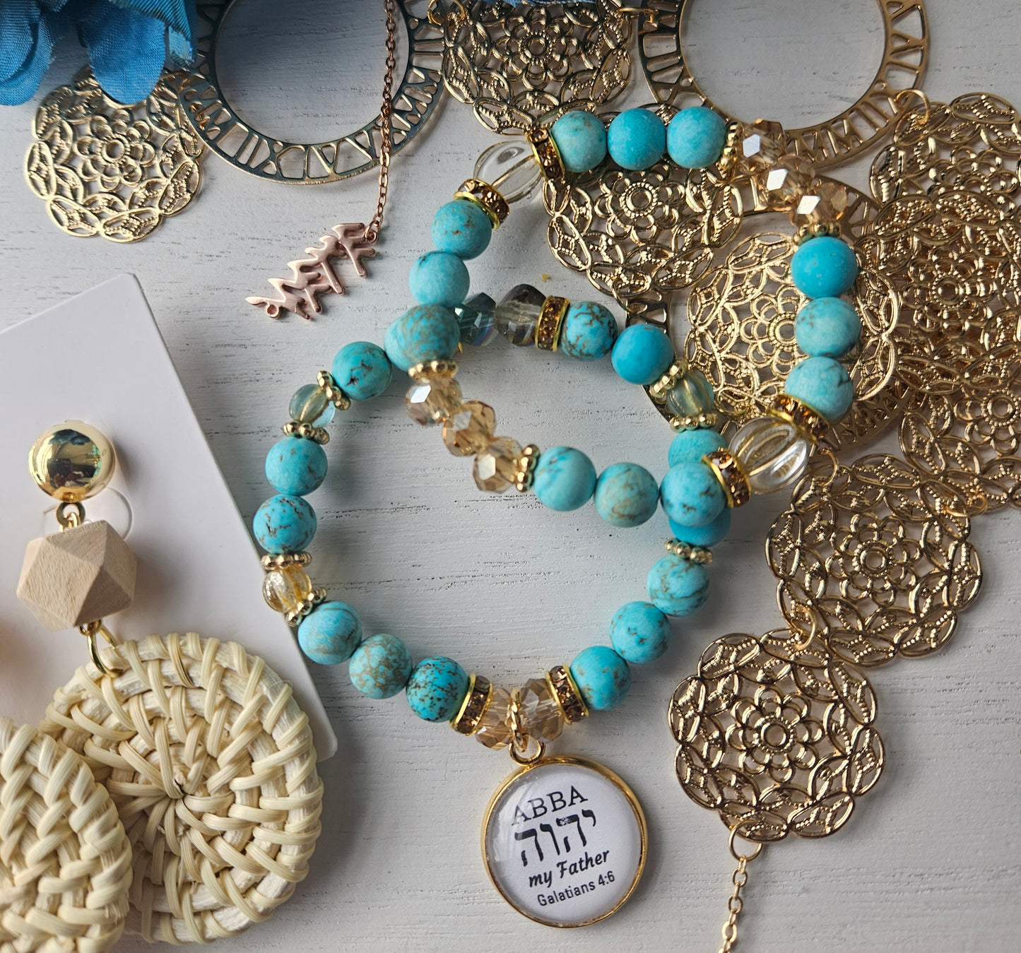 Beautiful turquoise 8mm double bracelet set. Made with natural turquoise gemstone with antique gold findings and Czech glass. Comes in a standard size 7 inches but can be customized smaller or larger.