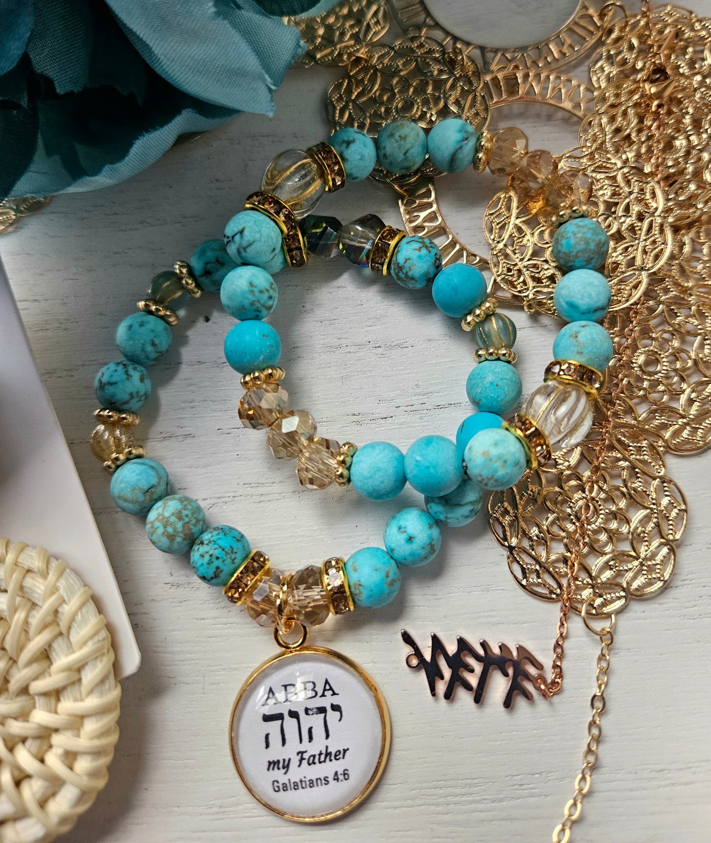 Beautiful turquoise 8mm double bracelet set. Made with natural turquoise gemstone with antique gold findings and Czech glass. Comes in a standard size 7 inches but can be customized smaller or larger.