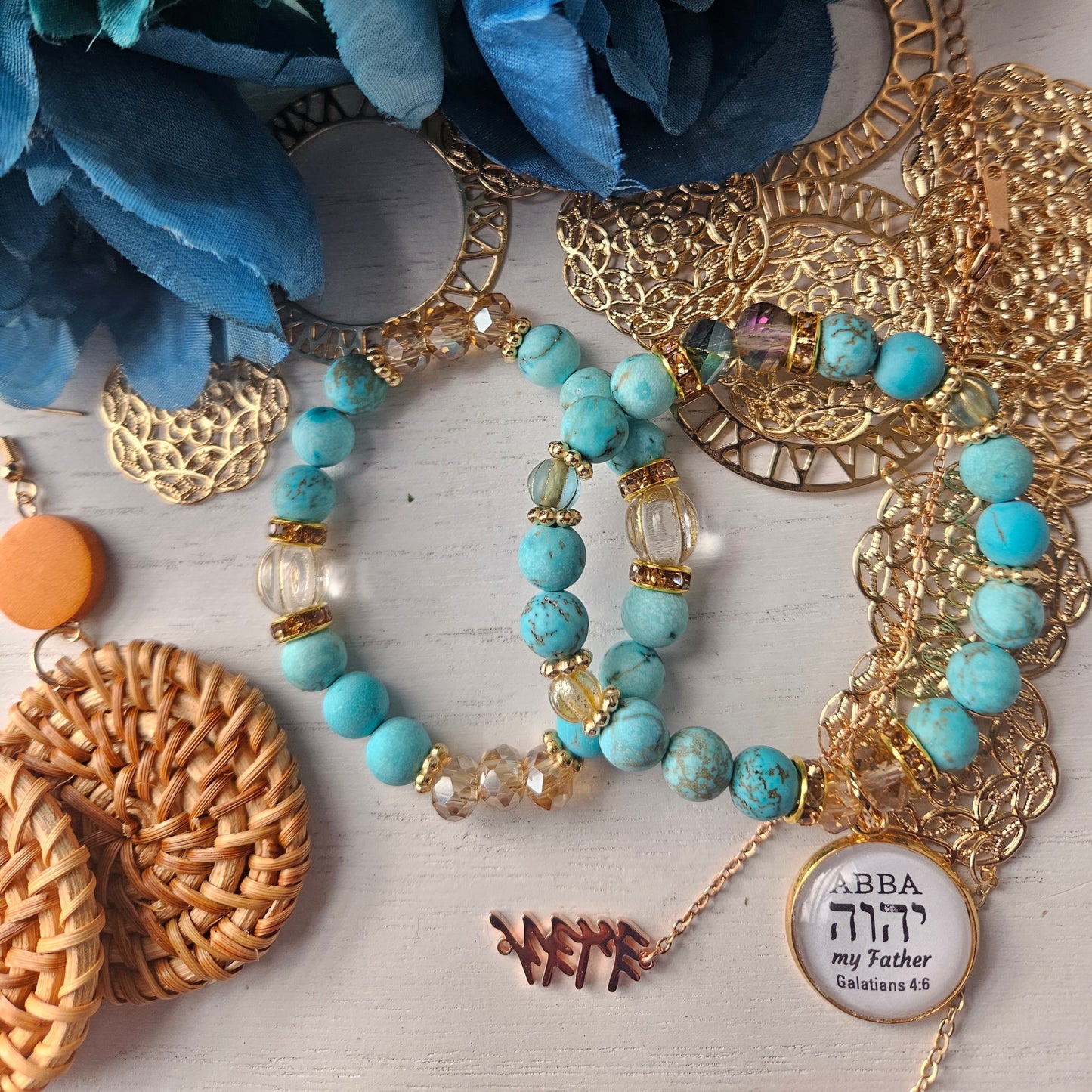 Beautiful turquoise 8mm double bracelet set. Made with natural turquoise gemstone with antique gold findings and Czech glass. Comes in a standard size 7 inches but can be customized smaller or larger.