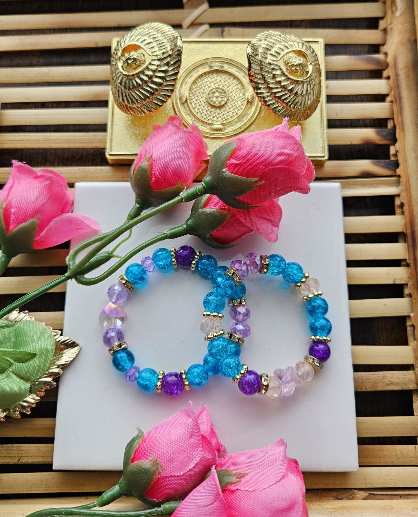 Children's Aqua blue pink and purple bracelet set