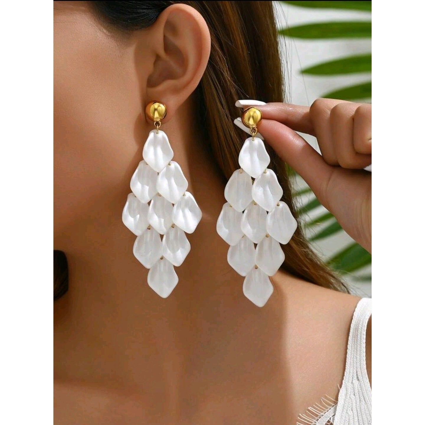 White Geometric Tassel & Leaf Dangle Earrings for Women -Simple & Elegant Design