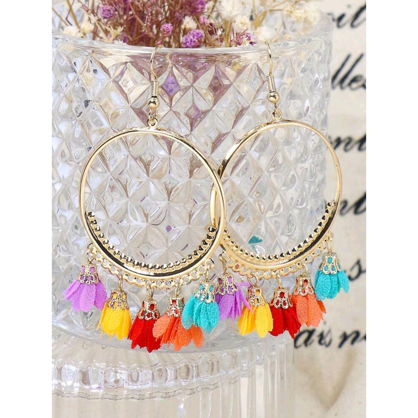 Bohemian Gold Hoop Earrings with Multicolor Tassel & Flower Design