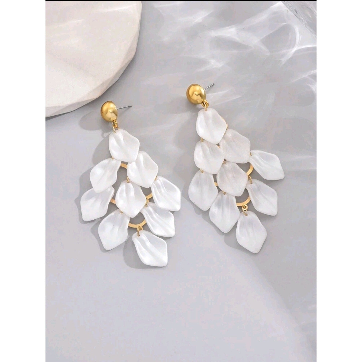 White Geometric Tassel & Leaf Dangle Earrings for Women -Simple & Elegant Design
