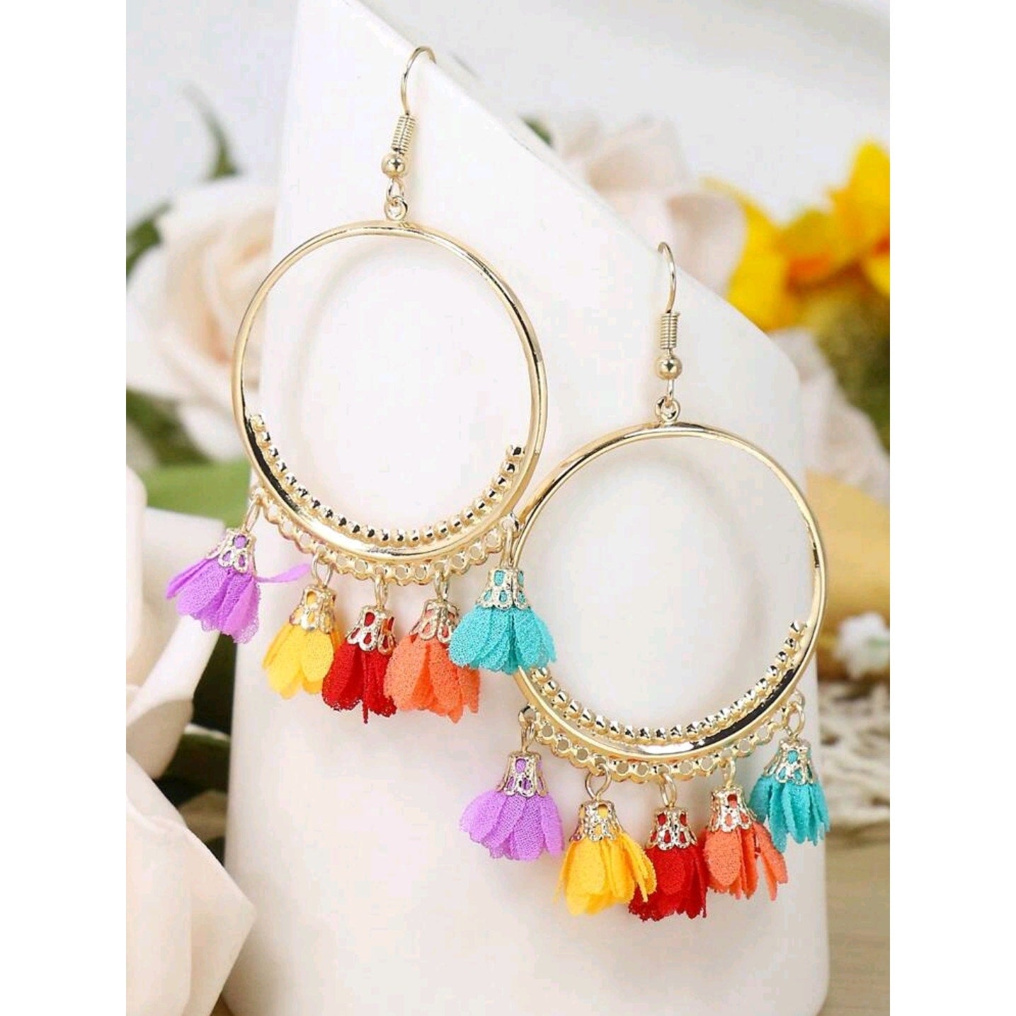 Bohemian Gold Hoop Earrings with Multicolor Tassel & Flower Design