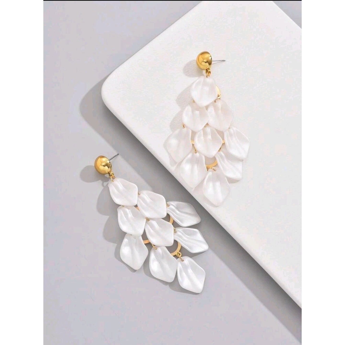 White Geometric Tassel & Leaf Dangle Earrings for Women -Simple & Elegant Design