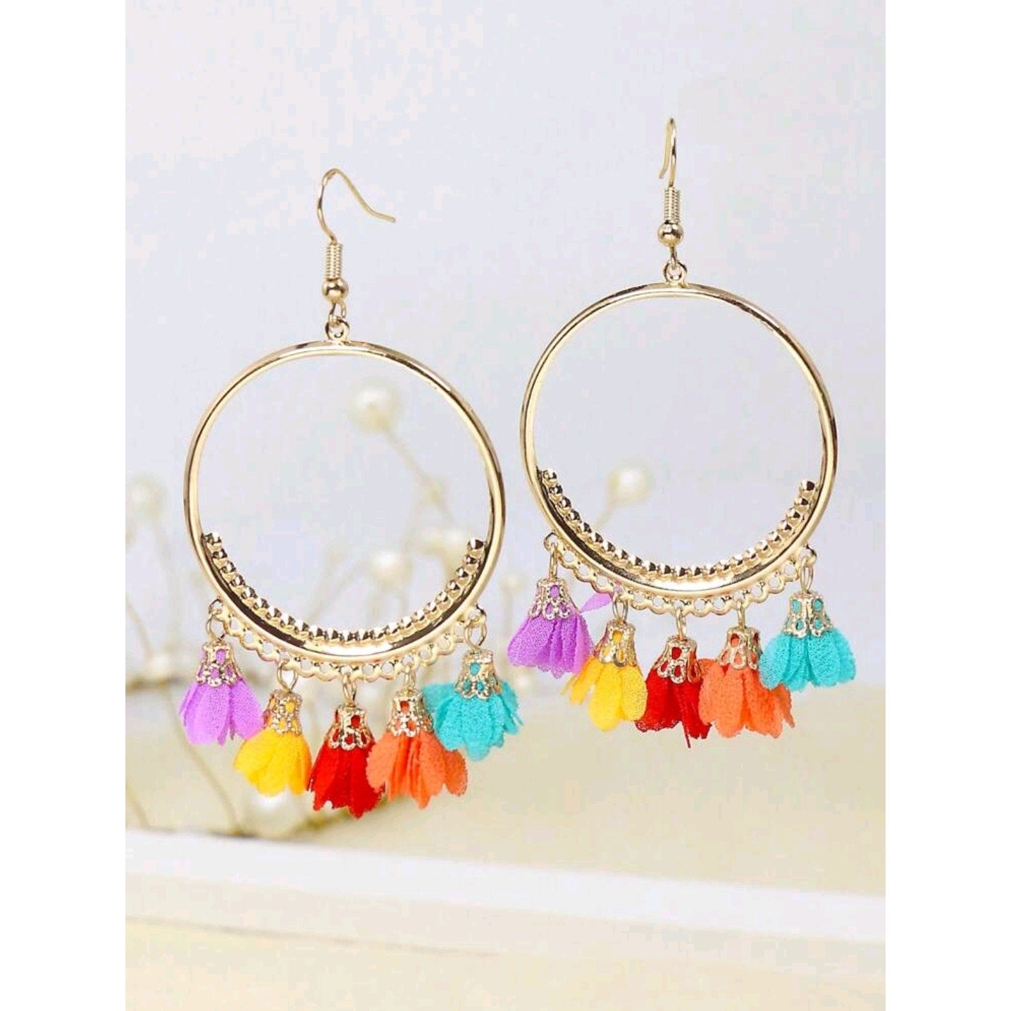 Bohemian Gold Hoop Earrings with Multicolor Tassel & Flower Design