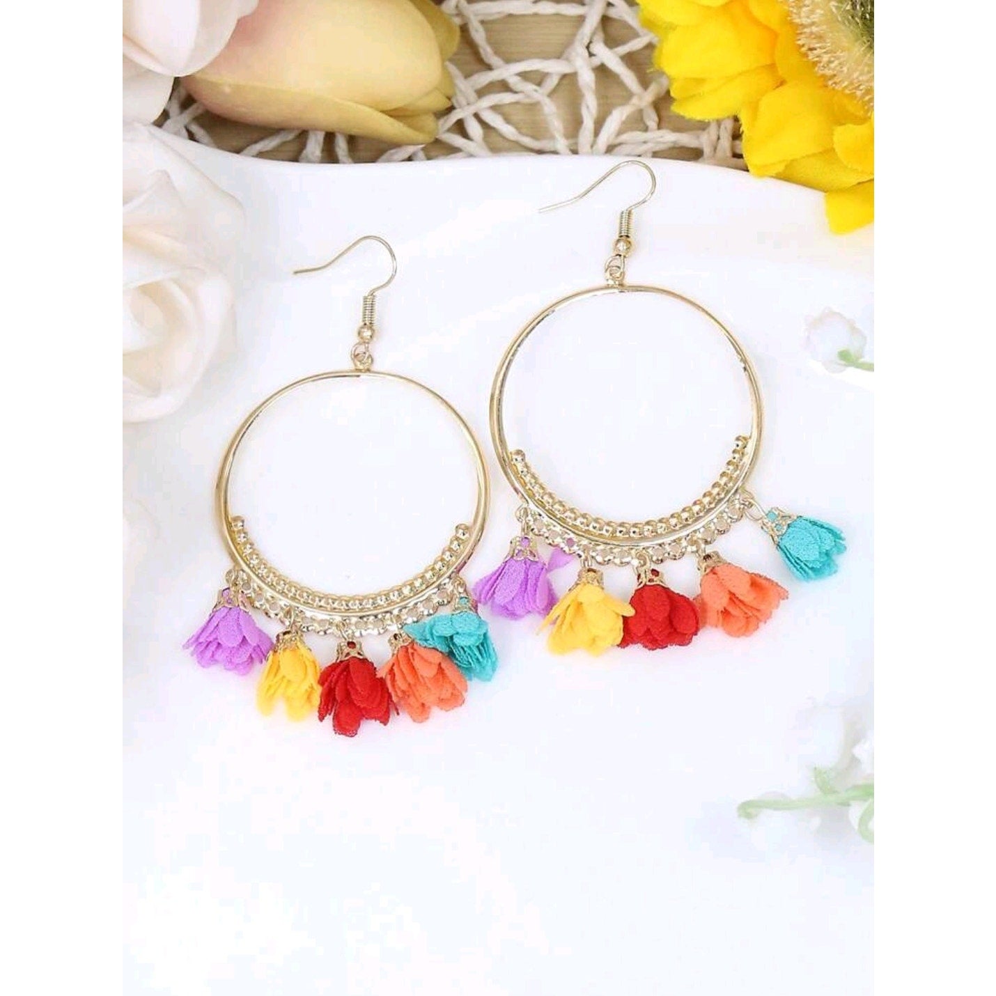 Bohemian Gold Hoop Earrings with Multicolor Tassel & Flower Design