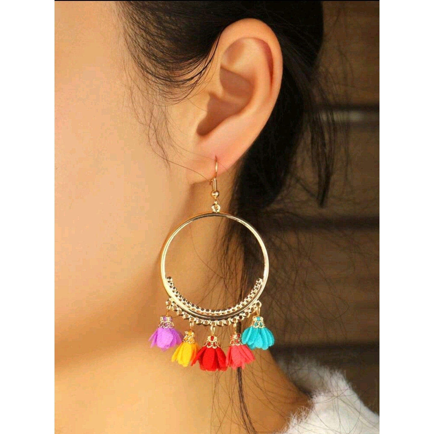 Bohemian Gold Hoop Earrings with Multicolor Tassel & Flower Design