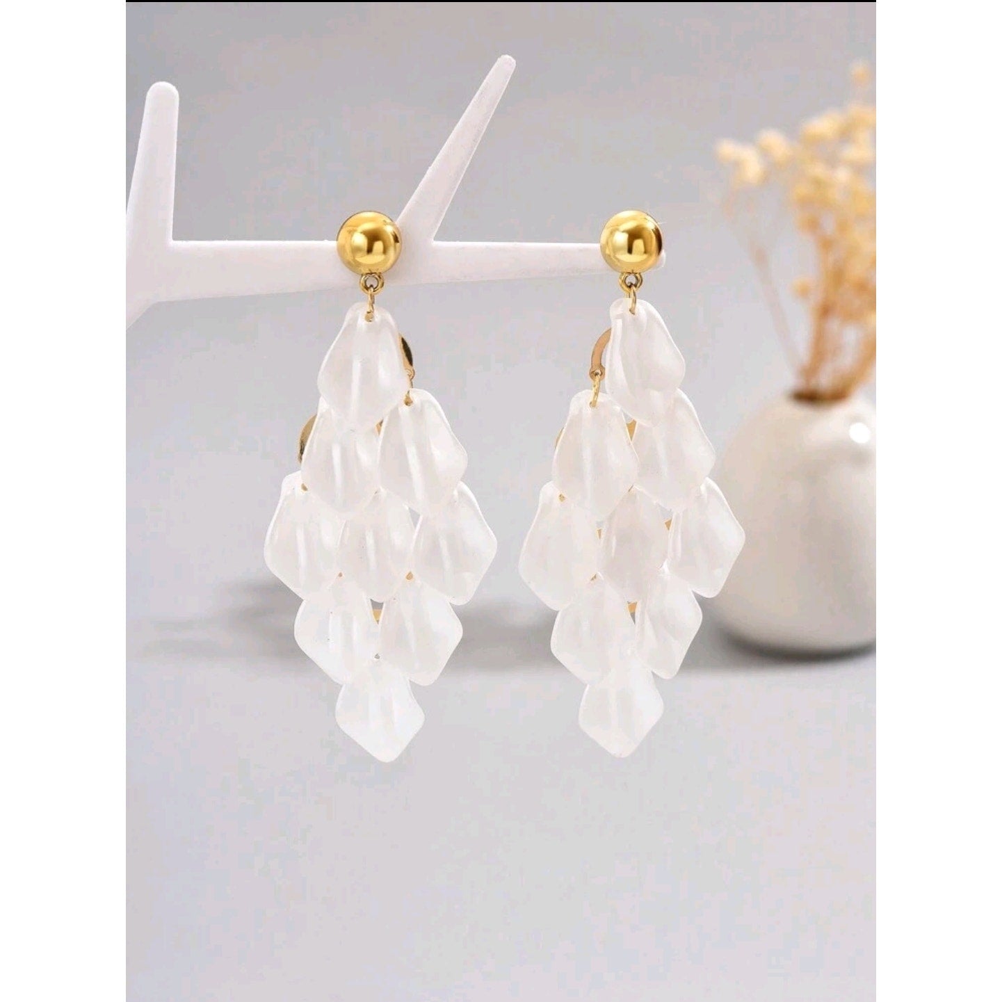 White Geometric Tassel & Leaf Dangle Earrings for Women -Simple & Elegant Design