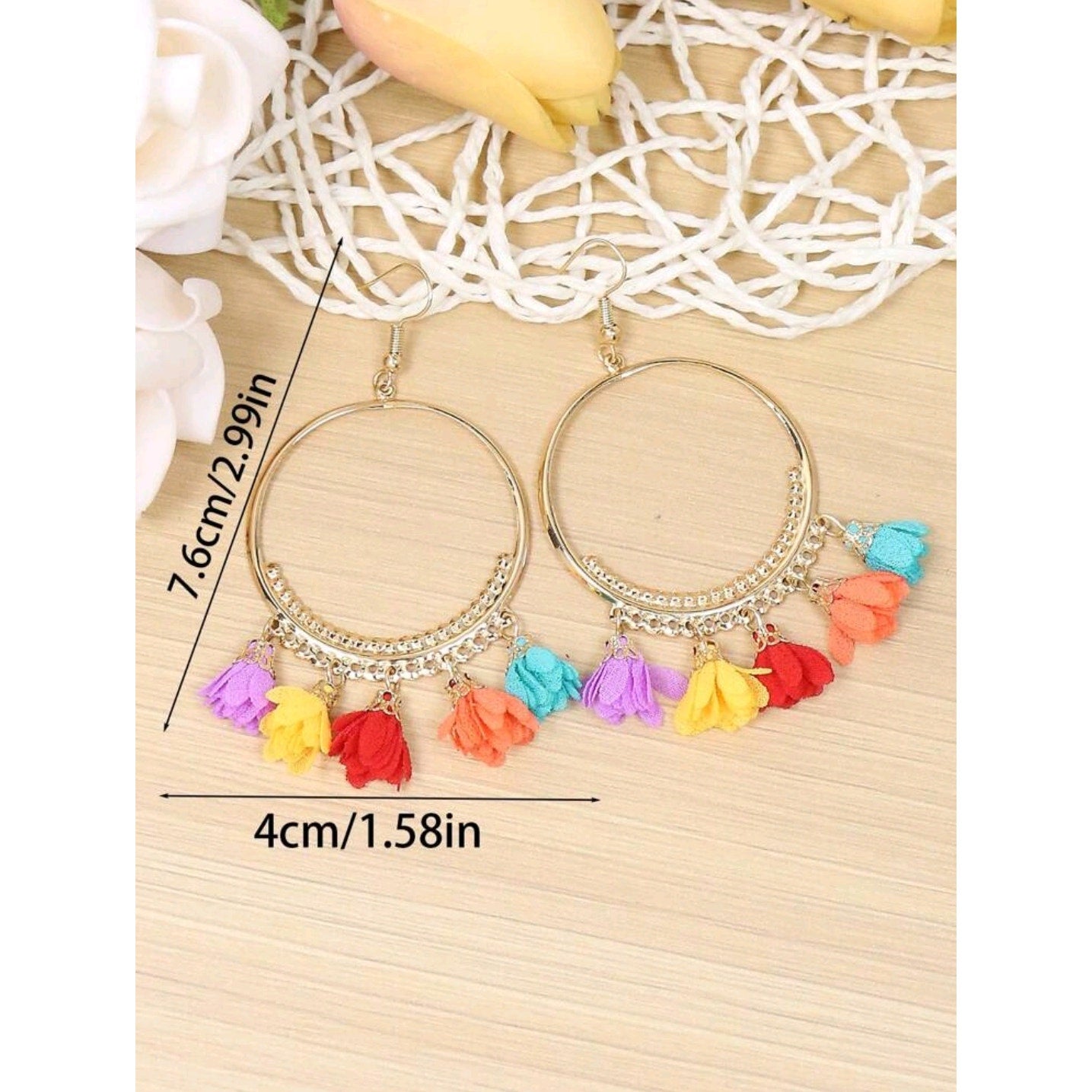 Bohemian Gold Hoop Earrings with Multicolor Tassel & Flower Design