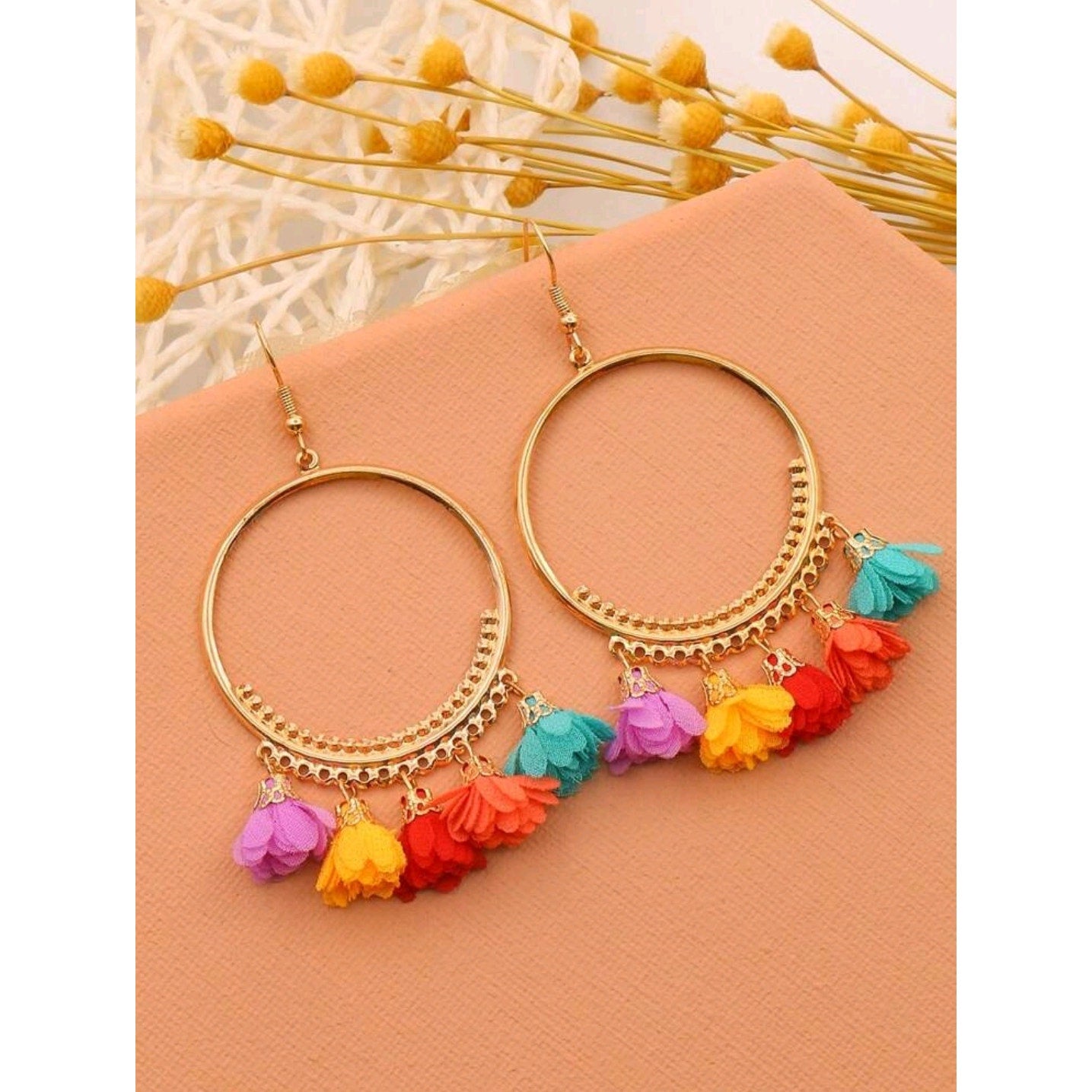 Bohemian Gold Hoop Earrings with Multicolor Tassel & Flower Design