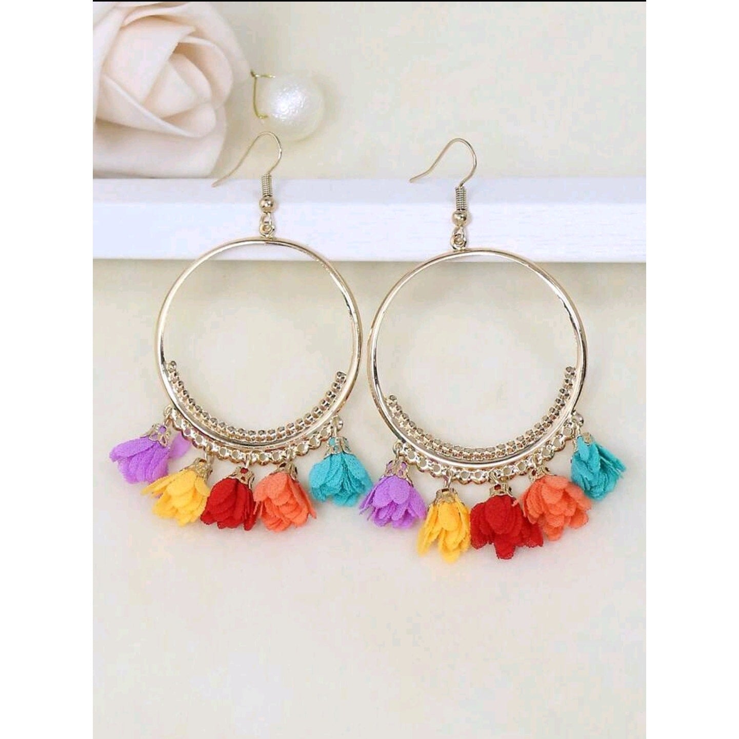 Bohemian Gold Hoop Earrings with Multicolor Tassel & Flower Design