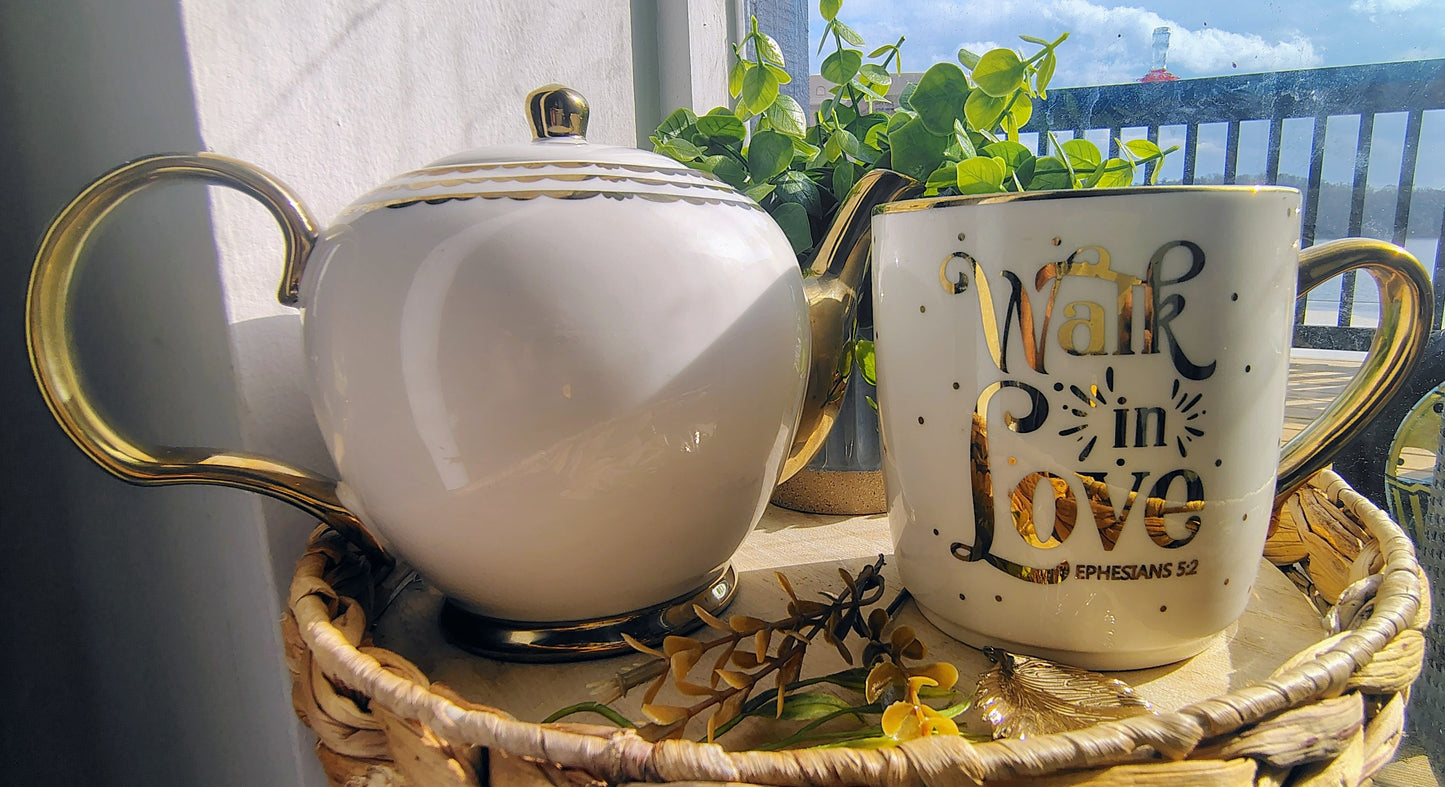 Walk in Love Tea Set – Ephesians 5:2 Gold Teapot & Matching Encouragement Mug | Scripture Tea Gift Set