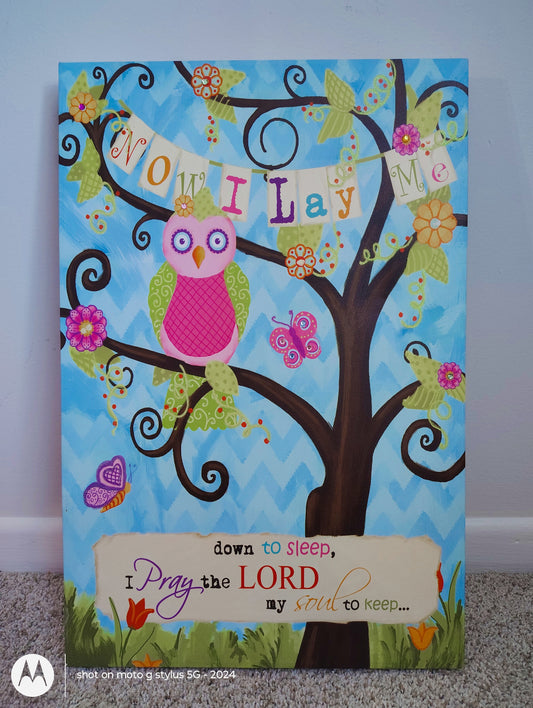 Now I Lay Me” Children's Prayer Wall Art | Faith-Based Nursery Canvas | Owl Theme