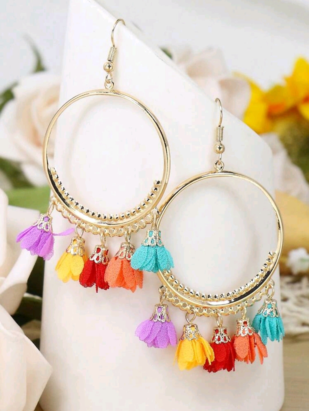 Elegant Gold Tone Hoop Earrings with Bohemian Style Fabric Tassels