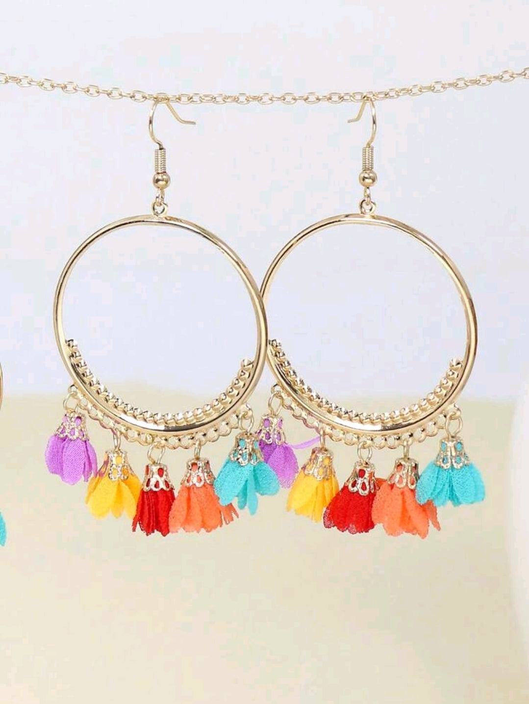 Elegant Gold Tone Hoop Earrings with Bohemian Style Fabric Tassels