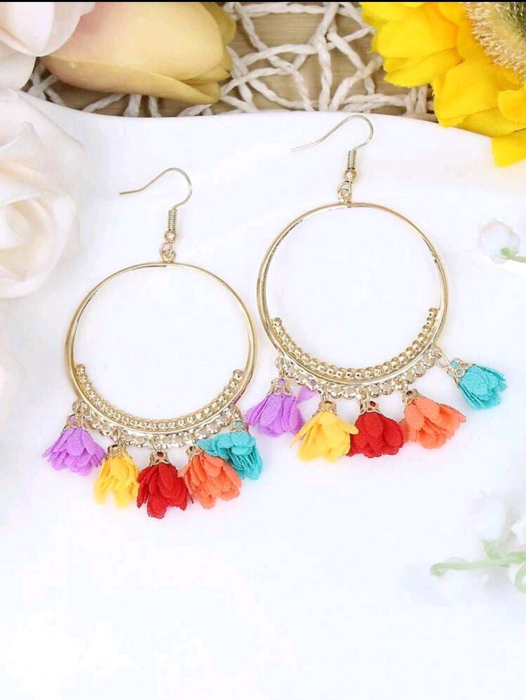 Elegant Gold Tone Hoop Earrings with Bohemian Style Fabric Tassels