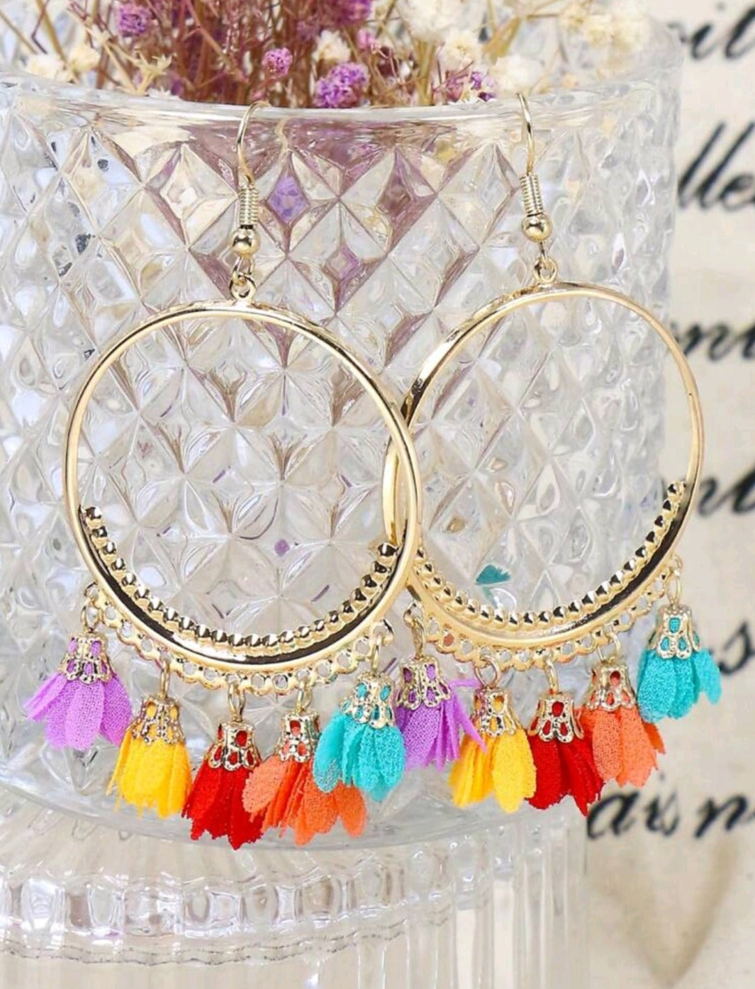 Elegant Gold Tone Hoop Earrings with Bohemian Style Fabric Tassels