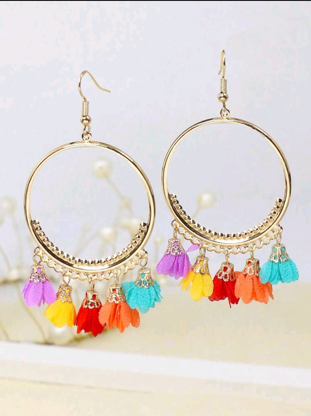 Elegant Gold Tone Hoop Earrings with Bohemian Style Fabric Tassels