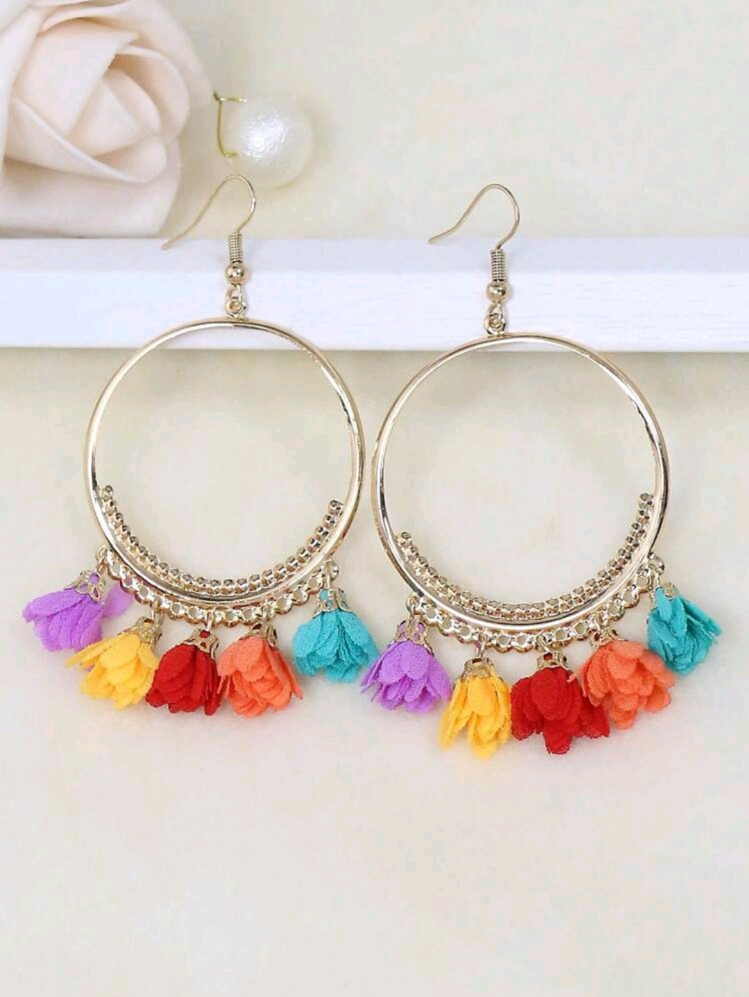 Elegant Gold Tone Hoop Earrings with Bohemian Style Fabric Tassels