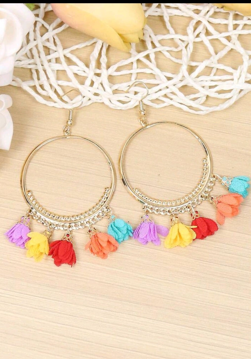 Elegant Gold Tone Hoop Earrings with Bohemian Style Fabric Tassels