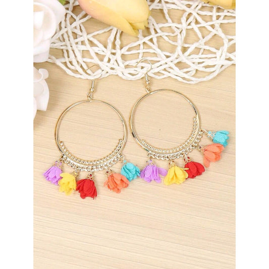 Bohemian Gold Hoop Earrings with Multicolor Tassel & Flower Design