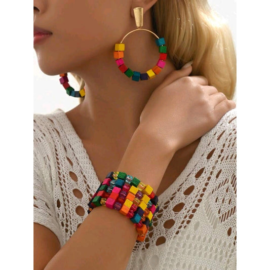 Summer Boho Bracelet Stack & Matching Earrings Set - Colorful Wood Cube Jewelry for Women and Teens"