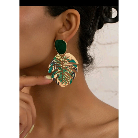 Tropical Monster Leaf Drop Earrings - 2pcs Set in Blue & Emerald