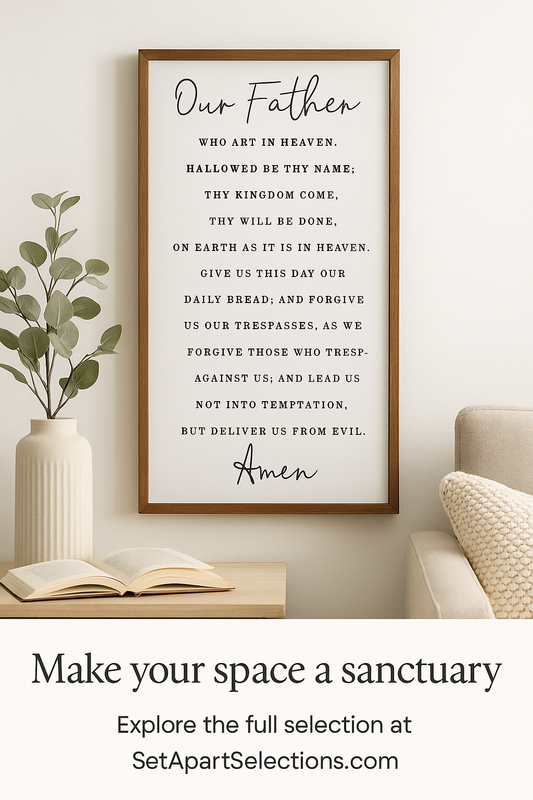 Alt text: Lord’s Prayer wall art – Our Father Christian scripture sign, farmhouse faith home decor, Matthew 6:9-13