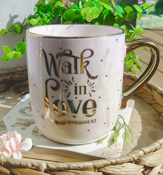 Walk in Love – Ephesians 5:2 Gold Accent Encouragement Mug | Large Capacity Scripture Coffee Cup