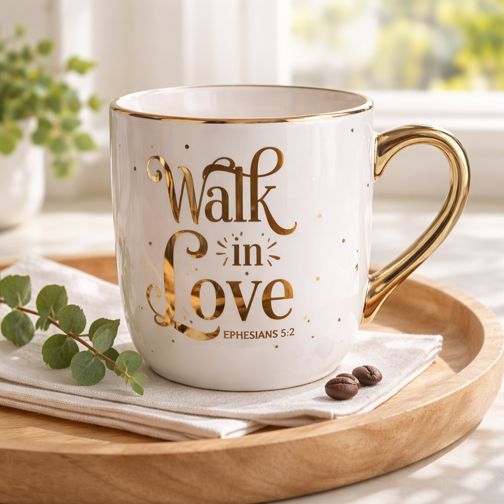 Walk in Love – Ephesians 5:2 Gold Accent Encouragement Mug | Large Capacity Scripture Coffee Cup