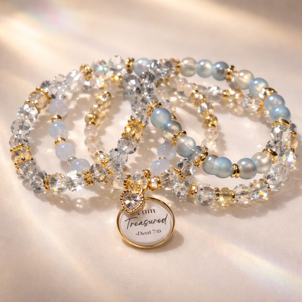 I Am Treasured” Blue Crystal & Stone Bracelet Set – Stackable Beaded Bracelets