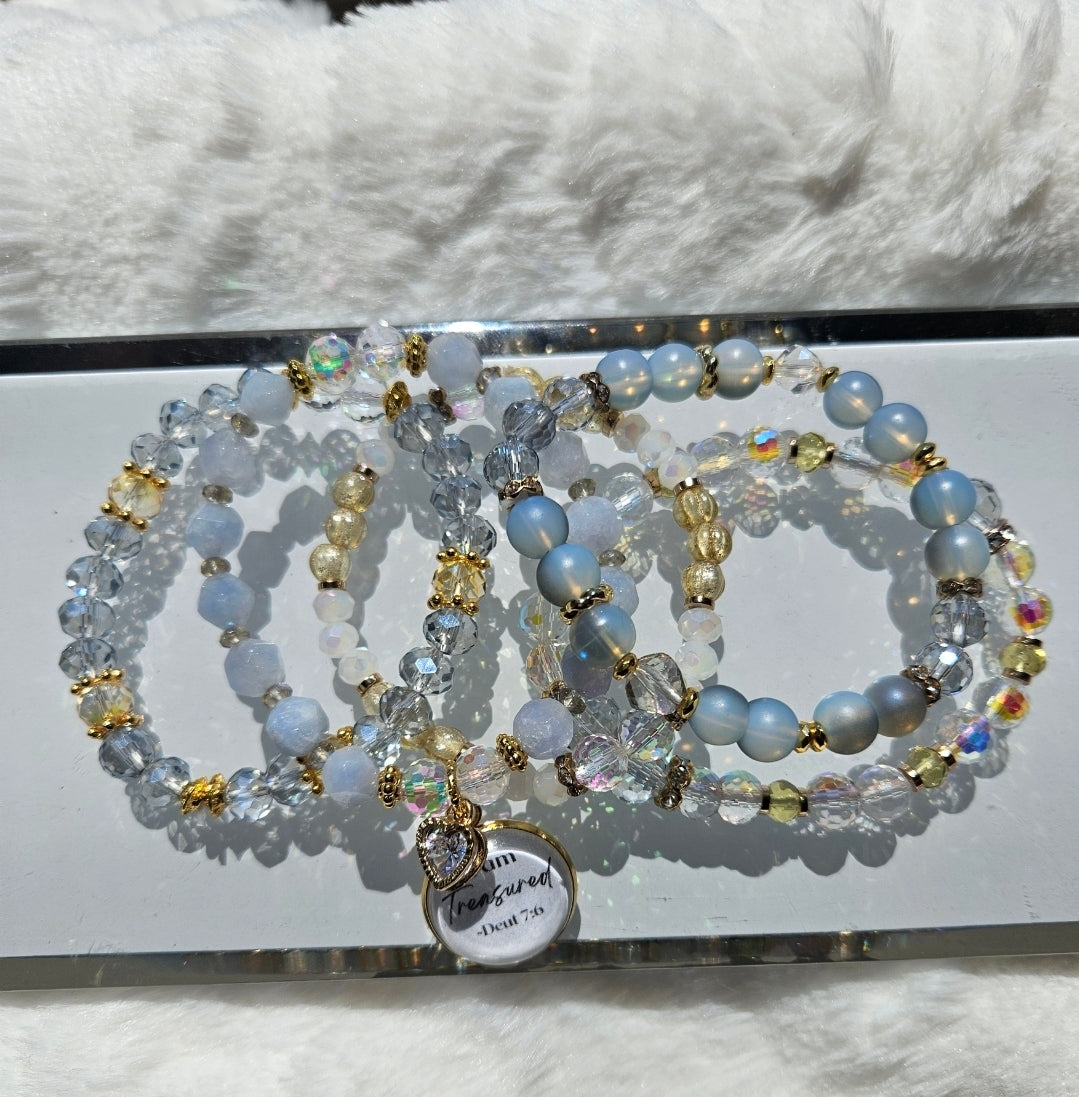 I Am Treasured” Blue Crystal & Stone Bracelet Set – Stackable Beaded Bracelets