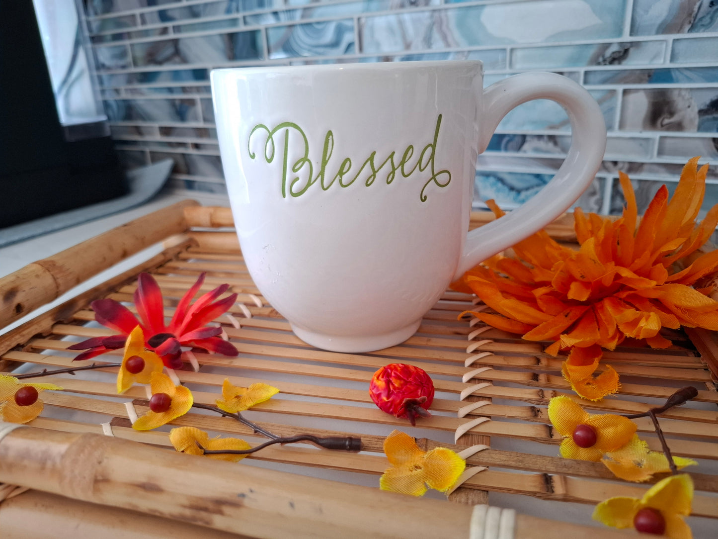 Large Blessed green floral mug
