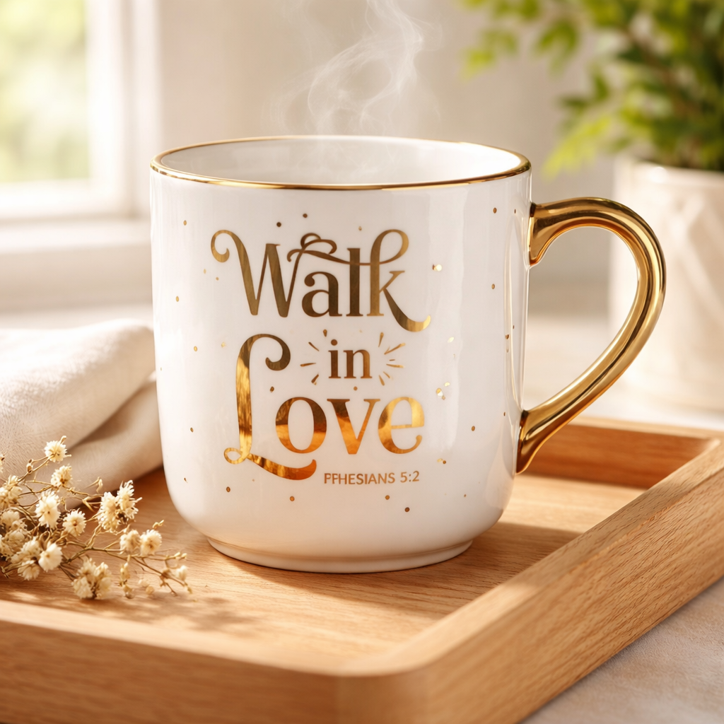 Walk in Love – Ephesians 5:2 Gold Accent Encouragement Mug | Large Capacity Scripture Coffee Cup