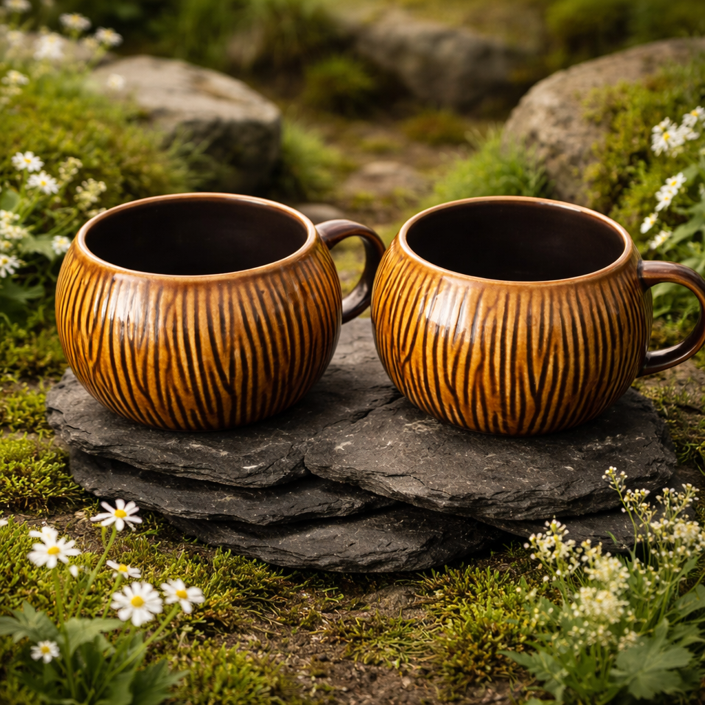 Brown Ribbed Ceramic Mug Set