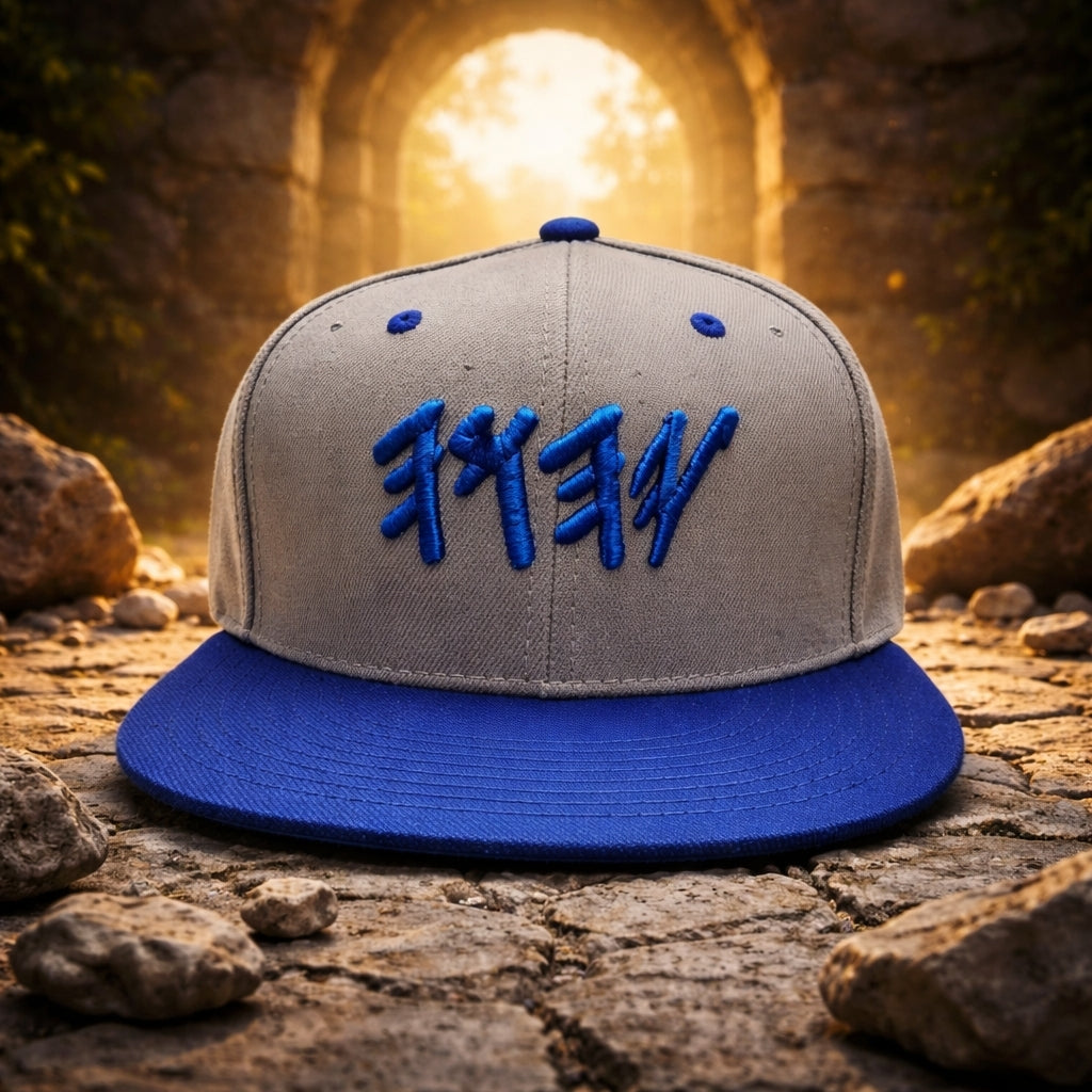 Paleo Hebrew YHWH Hat – Ancient Name Snapback | Royal Blue & Grey Embroidered Cap