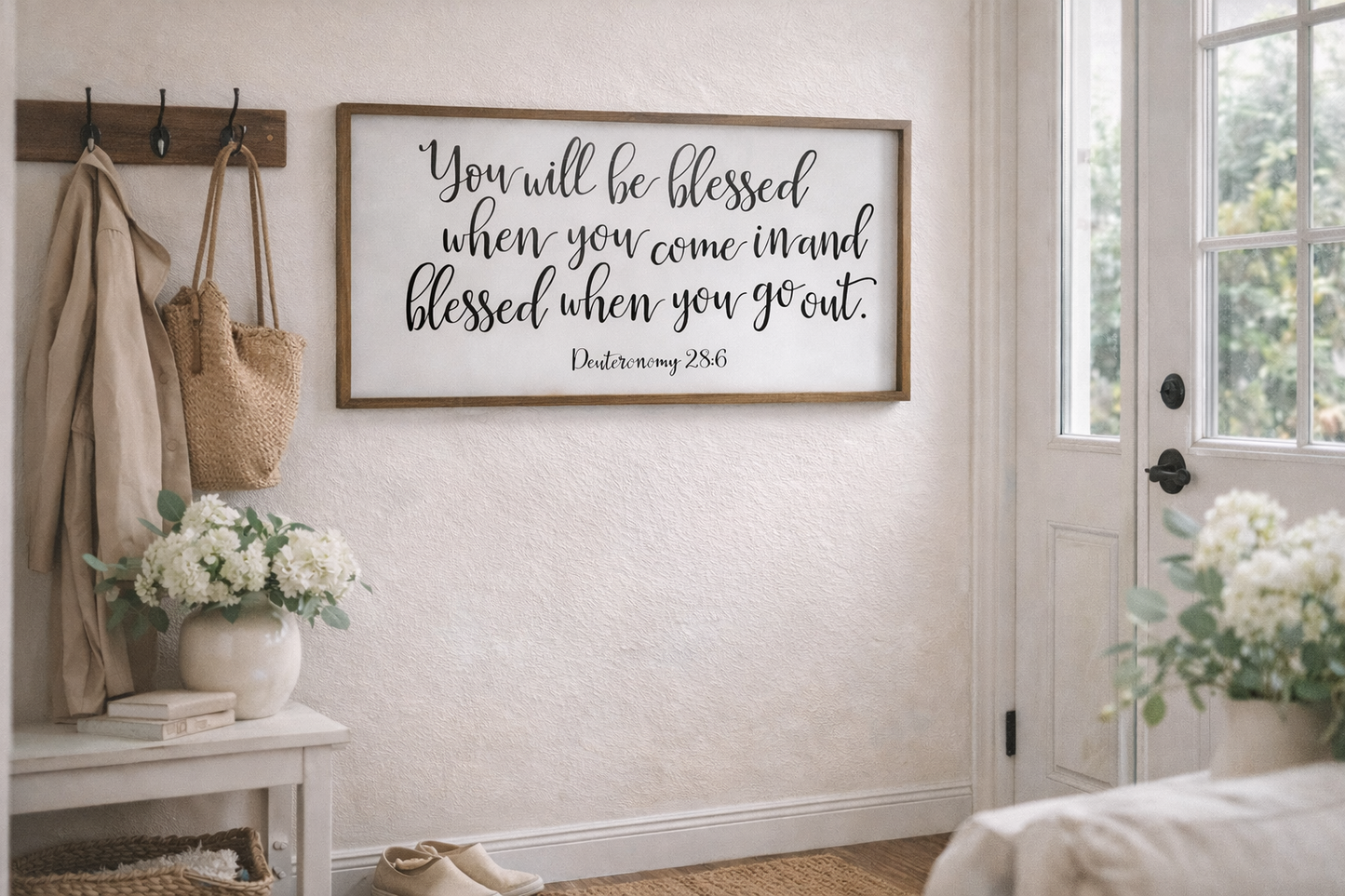Blessed When You Come In” – Deuteronomy 28:6 Framed Scripture Sign (32"x13")