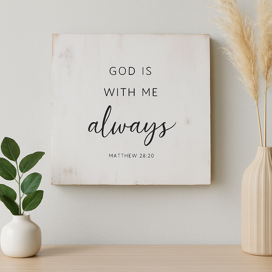 Christian wall art – “God is with me always” Matthew 28:20 scripture sign, rustic farmhouse faith decor