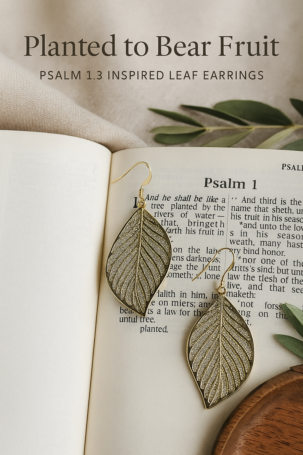 Planted to Bear Fruit – Psalm 1:3 Faith-Based Gold rhinestone Leaf Earrings