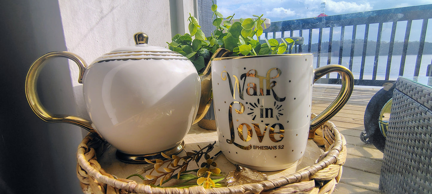 Walk in Love Tea Set – Ephesians 5:2 Gold Teapot & Matching Encouragement Mug | Scripture Tea Gift Set