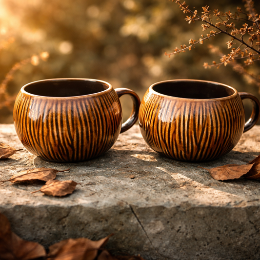 Brown Ribbed Ceramic Mug Set