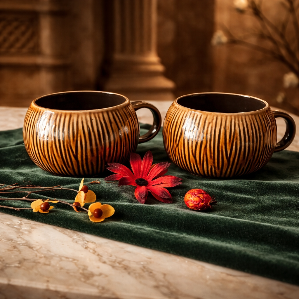 Brown Ribbed Ceramic Mug Set