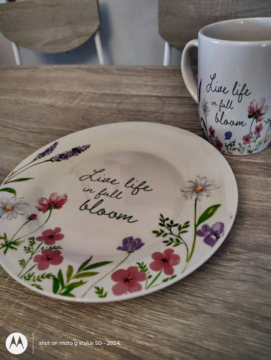 Live Life in Full Bloom | Faith-Based Floral Mug & Plate Set | Matthew 6:28 Inspired