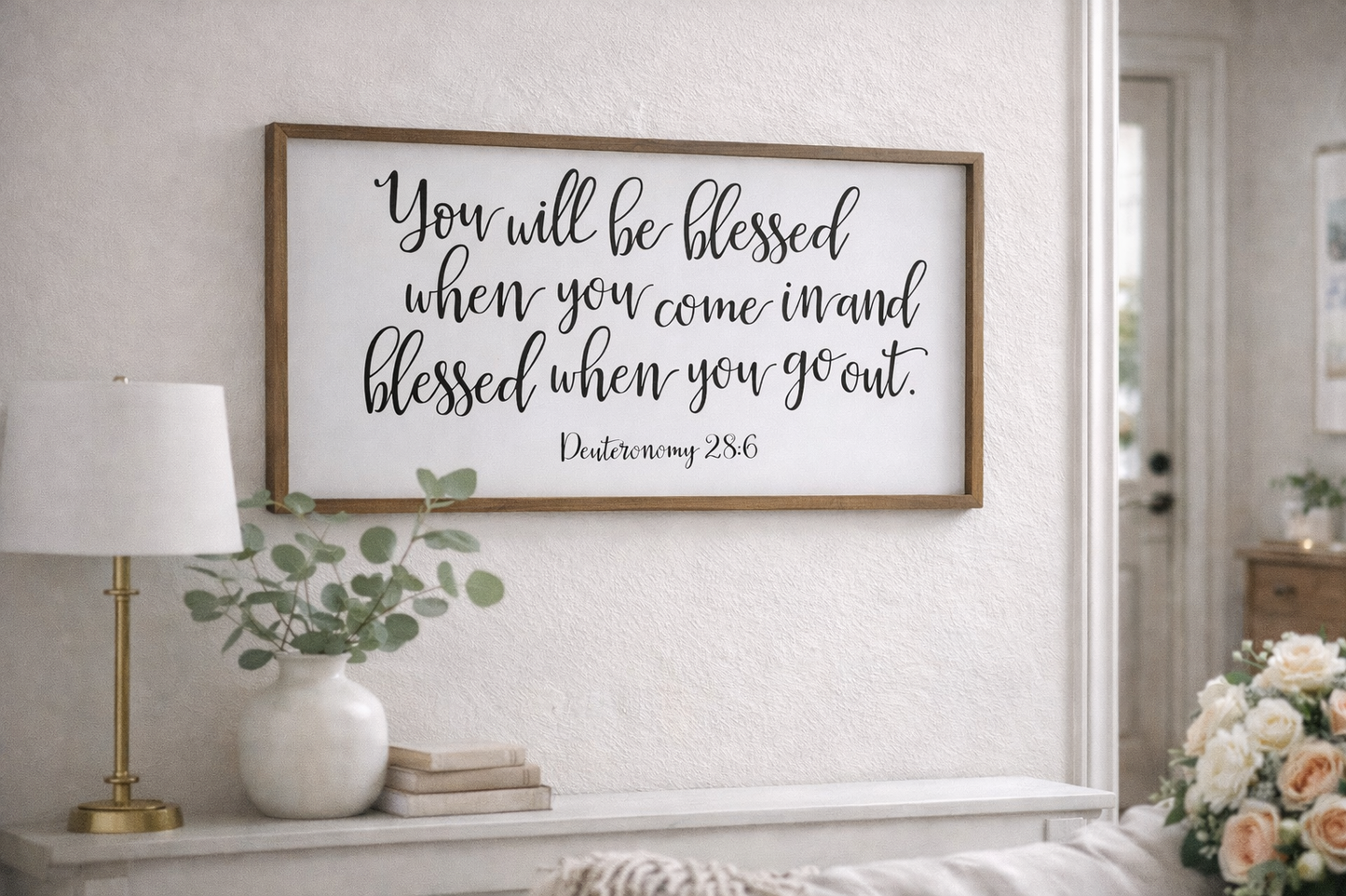 Blessed When You Come In” – Deuteronomy 28:6 Framed Scripture Sign (32"x13")