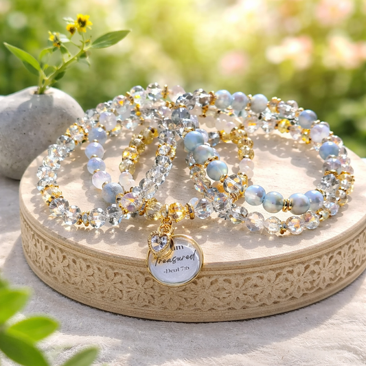 I Am Treasured” Blue Crystal & Stone Bracelet Set – Stackable Beaded Bracelets
