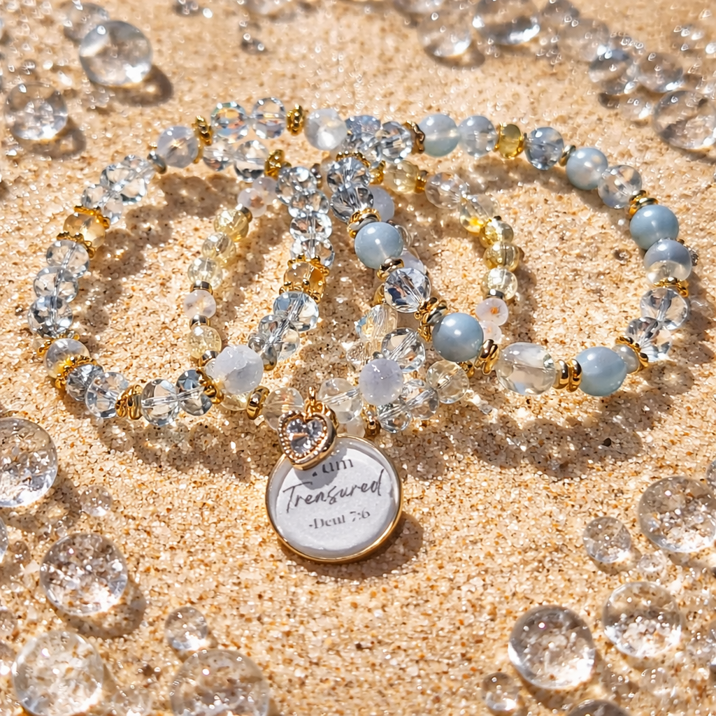 I Am Treasured” Blue Crystal & Stone Bracelet Set – Stackable Beaded Bracelets